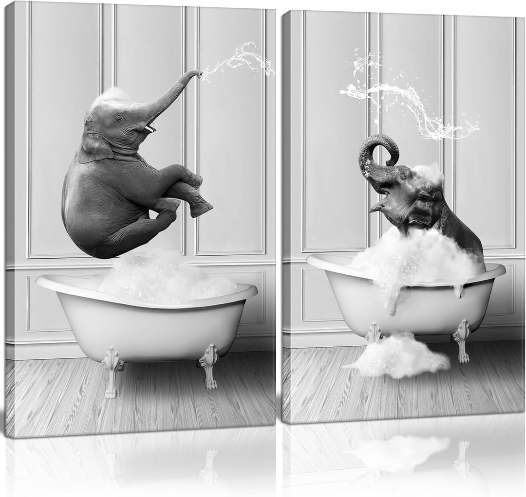 Framed Bathroom Wall Art Funny Kids Bathroom Decor Black and White Canvas Wall Art Pictures Elephant Bathing Animals Abstract Prints for Bedroom Poster 16x24x2Inch Ready to Hang