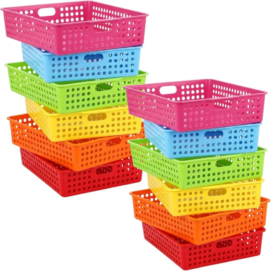 12 Pack Turn in Trays for Classroom, Stackable Plastic Paper Baskets with Handles, Letter Size A4 Teacher Desk Organizer Bins for Classroom Organization (Rainbow Colors)