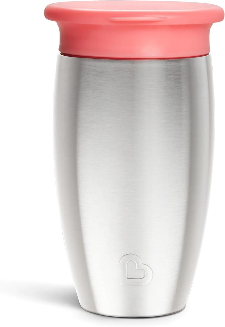 Munchkin Stainless Steel Sippy Cups for Toddlers 1-3, Spill Proof Miracle 360 Cup, Insulated, 10 Ounce, Pink