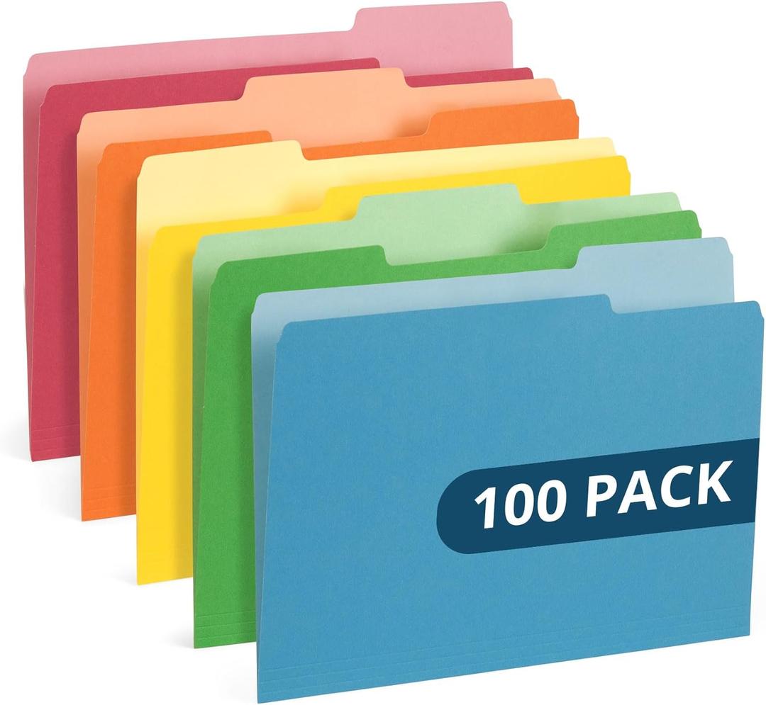 100 Blue Summit Supplies Colorful File Folders with Tabs  Multi Colored File Folders, 1/3 Cut Top Tabs, Letter Size, Durable 11pt Paper, Two Tone, Assorted Colors, Bulk 100 Pack