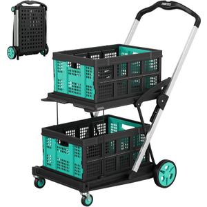 8-in-1 Collapsible Shopping Cart, 350 lbs Capacity Grocery Cart on Wheels, Foldable Shopping Cart with 2 Storage Crates for Shopping, Warehouse, Supermarket and Picnic, Blue
