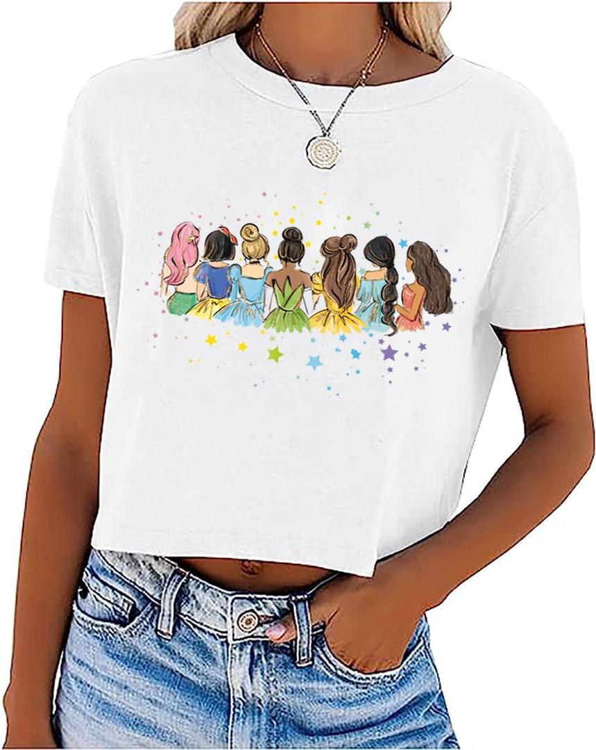 Magical Crop T Shirt for Women Magic Kingdom Shirt Family Vacation Tshirt Cute Castle Graphic Short Sleeve Tees, Large