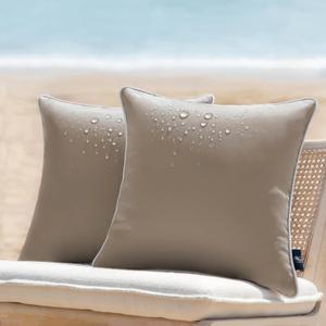 Phantoscope Pack of 2 Outdoor Waterproof Solid Throw Decorative Pillow Cover Decorative Square Outdoor Pillows Cushion Case Patio Pillows for Couch Tent Sunbrella, Light Coffee 20x20 inches 50x50 cm