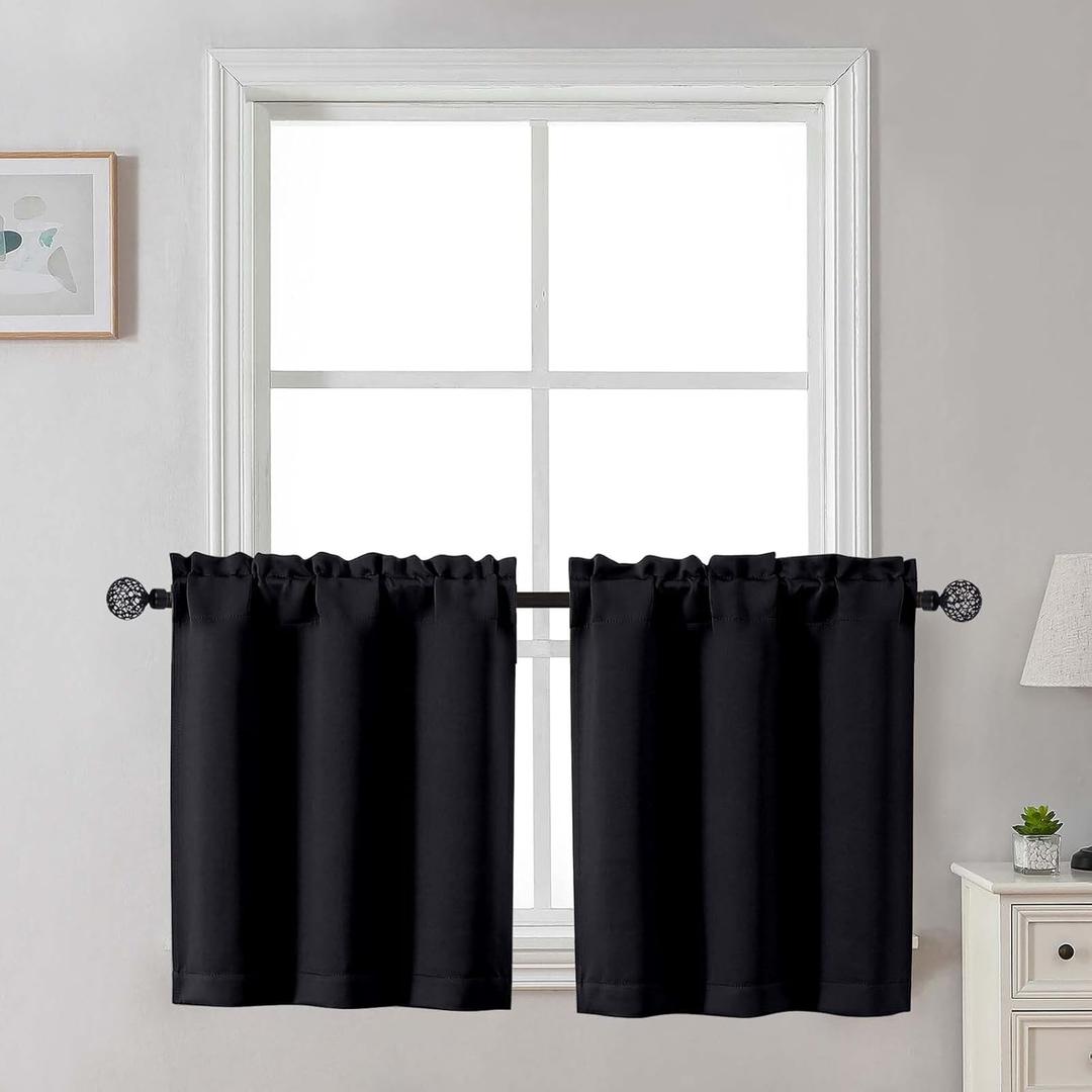 Gwine 24 Inch Long Tier Curtains for Small Window, Short Blackout Kitchen Curtains Over Sink, Half Window Drapes for Bedroom Bathroom Basement, 2 PCS, Each 30" Wx24 L, Black