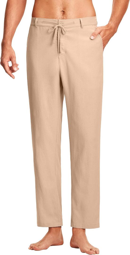 ISEEGZ 30" Men's Linen Pants Casual Dress Pants Drawstring Lightweight Business Trousers with 4 Pockets Beach Summer (Beige)