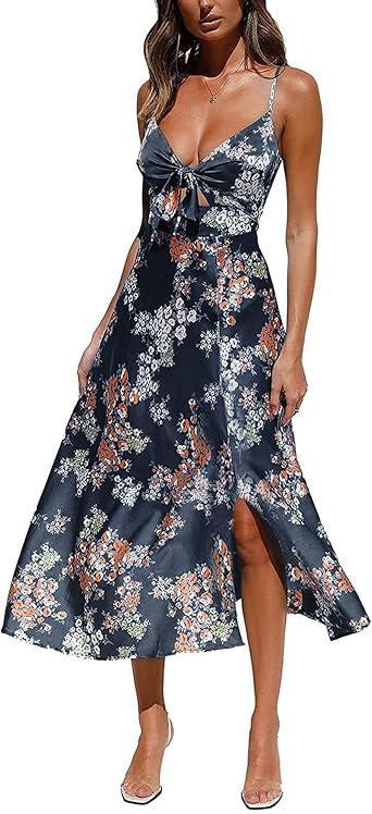 Fashionme Women Spaghetti Strap Midi Satin Dresses Tie Front Backless Split Hollow Dress (Large, Navy Blue 2)