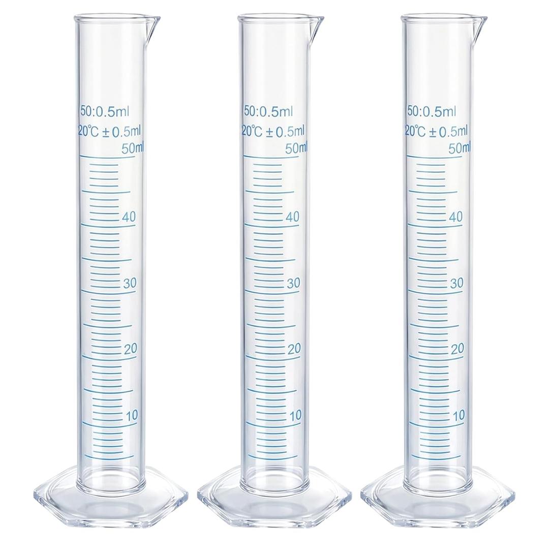 3PCS Graduated Cylinder Plastic, Transparent Graduated Test Lab Cylinders with 2-Sided Marking 50ml Measuring Cylinders Science Test Tube Flask Measuring Lines Graduateds Cylinders Beaker