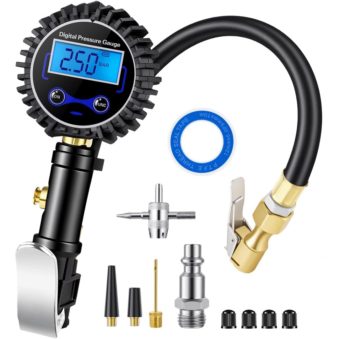 Digital Tire Pressure Gauge with Inflator, 250 PSI Heavy Duty Air Chuck & Compressor Accessories with Quick Connect Coupler and Rubber Hose for Cars, Inflatables