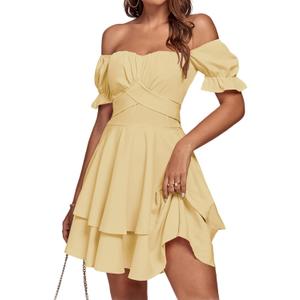 LYANER Women's Tie Back Off Shoulder Wrap Layer Ruffle Short Sleeve Mini Dress (Solid Light Yellow)