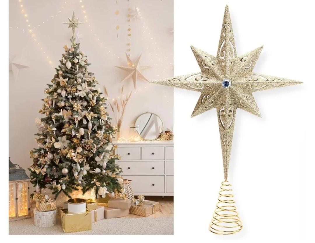 Christmas Traditions 11 inch Champagne Gold Glittered Large Christmas Bethlehem Star Tree Topper Star for Large Tree 6 feet-8 feet Tall/Home Decor Ornaments (Champagne Gold)