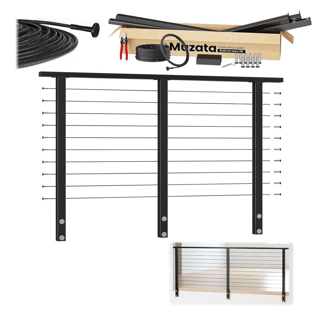 Muzata 4-8ft Side Mount Complete Cable Railing Kit for Decks 36in RC05 | Pre-crimped Terminals, Space-Saving Black Cable Railing System, Complete Set, Length Adjustable, Easy DIY with User Guide