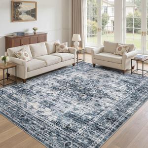 10x12 Area Rug: Washable Neutral Navy Blue Rugs for Living Room | Non Slip Stain Resistant Indoor Floor Carpet for Bedroom Dining Kitchen Farmhouse Nursery Home Office Kid & Pet Friendly