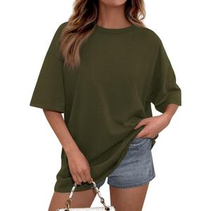 PRETTYGARDEN Women's Oversized Tshirts Going Out Tops | Comfy Cotton Blend, Short Sleeve Crewneck, Drop Shoulder, Loose Fit, Basic Tee, Plain Shirts, Summer Spring, Casual Outfits (Green, XL)
