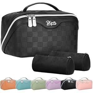 Travel Makeup Bag Organizer Cosmetic Bag: 3 Pcs Set Make up Bags for Women with Handle - Waterproof Vegan Leather Toiletry Bags with Comparments (Black)