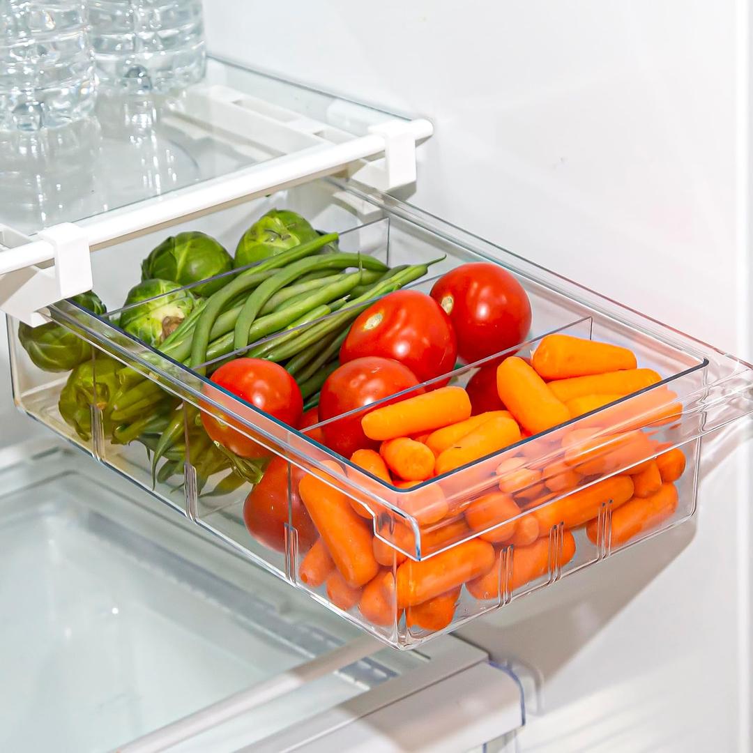 BINO | Pull-out Fridge Organizer | THE HANGER COLLECTION | Fridge Drawer Organizer with 2 Dividers | Clear Pantry Drawer Organizers | Shelf Holder Storage Drawers for Fruits, Veggies & Drinks