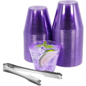 100 Purple Glitter Plastic Cups and 1 Silver Ice Tong Set - 9 Ounce Disposable Cocktail Glasses - Plastic Wine Cups - Purple Party Decorations - Purple Party Supplies