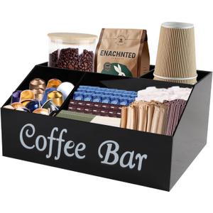 Coffee Station Organizer,Acrylic Coffee Bar Supplies Organizer with Dividers,4 Compartment Coffees Pod Holder for Countertop,Coffees Bar Decor for Sugar Tea, Black
