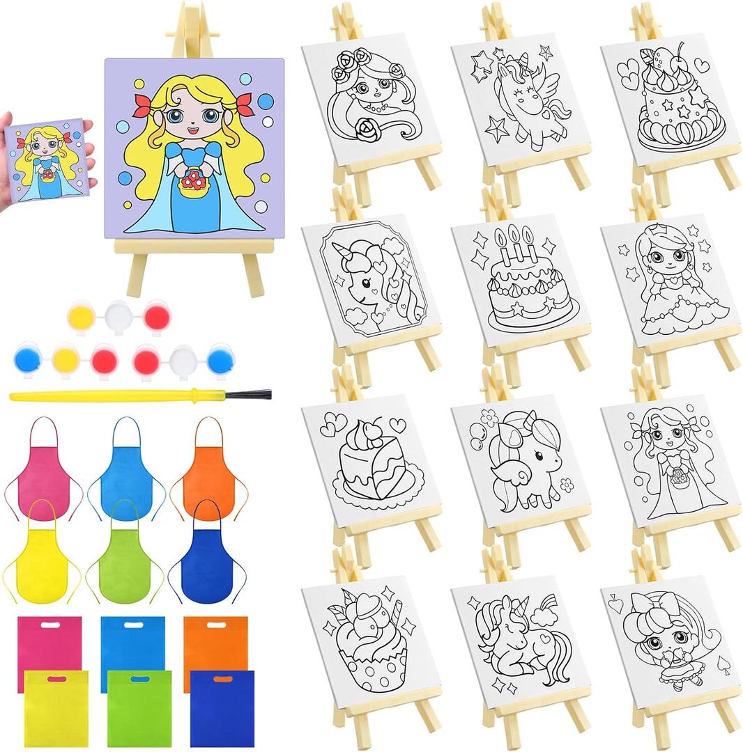 Tenceur 48 Pcs Kids Paint Party Favors Sets with 12 Pcs Unicorn Girl Cake Pre Drawn Canvas Panel and Wooden Easel Set Paint Pots and Brushes 12 Mini Apron and Tote Bag for Kids Girls Student Boys