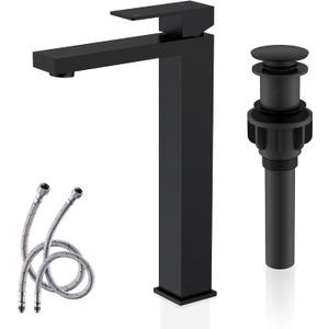KENES Matte Black Bathroom Faucet Single Handle Tall Vessel Sink Faucet Vanity Bathroom Faucet Basin Mixer Tap with Water Supply Hose and Pop Up Sink Drain, LJ-9031A-2