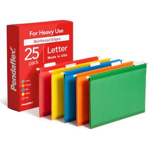 Pendaflex Hanging File Folders, 25 Pack, Letter Size (8.5" x 11"), Assorted Colors: Green, Blue, Red, Yellow, Orange, 5 Tab Positions, Reinforced, Includes Tabs and Inserts, Durable Hanging Files
