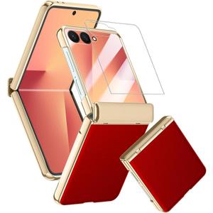 Samsung Galaxy Z Flip 7 Case Leather with Hinge Protection Cover, Premium PU Leather Case with Rear Screen Protector Scratch-Resistant Shockproof Full Body Slim Cover for Z Flip 7 Red