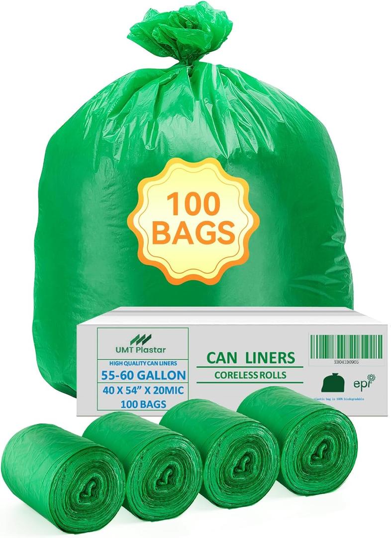 100 Count 100% Biodegradable and Compostable Trash Bags, 55-60 Gallon, 20 Microns, 40x54 Inches, Green Eco-Friendly Bags