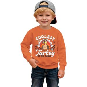 IZYJOY Toddler Boy Thanksgiving Sweatshirt Coolest Turkey at The Table Funny Pullover Top Kids Fall Holiday Long Sleeve Shirt (18-24 Months, Orange)