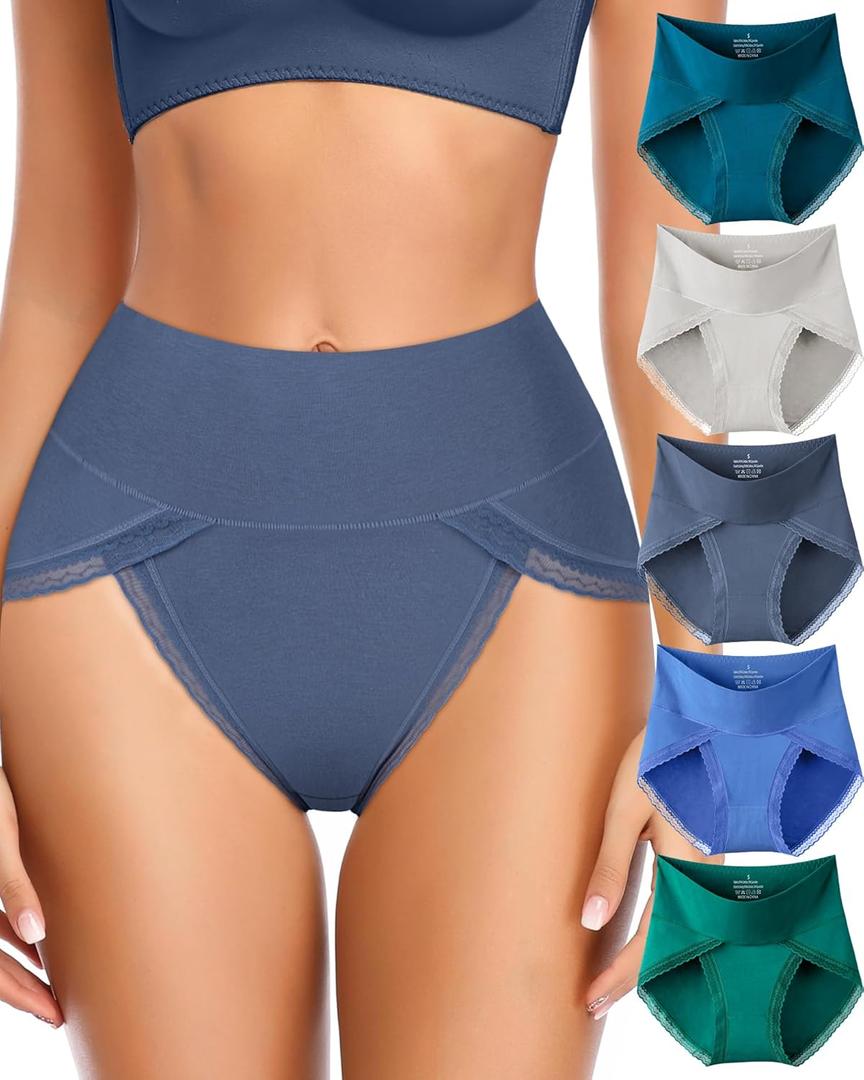 UMMISS Cotton Underwear for Womens High Waisted Slight Tummy Control High Cut Panties Full Coverage Ladies Briefs 5 Pack (X-Large)