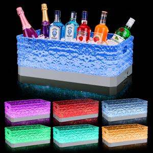 15L LED Ice Bucket for Parties, Rechargeable 7-Color Light Up Beverage Tub, Clear Acrylic Glacier Texture Wine Cooler, Leakproof Drink Chiller for Home Bar & Entertaining