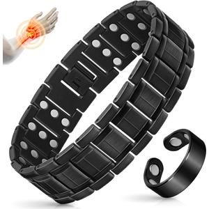 Mahnco Copper Bracelet for Men with Triple-Row Strong Magnets Magnetic Bracelets & Lymphatic Drainage Ring Set with Adjustable Sizing Tool, Magnetic Jewelry Gift (Black)