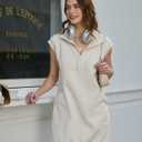 AlvaQ Womens Summer Dresses 2025 Casual Sleeveless Half Zip V Neck Tunic Sweatshirt Mini Dress with Pockets (Beige, M)