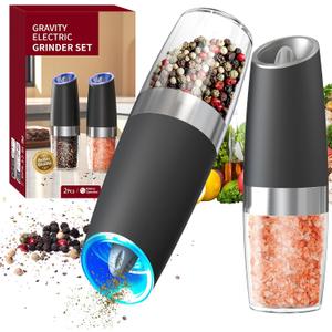 CIRCLE JOY Gravity Electric Salt and Pepper Grinder Set Automatic Salt and Pepper Grinder Set with LED Light, Battery Operated, Adjustable Coarseness, Large Capacity, for Home Kitchen BBQ (Battery/Black Set)
