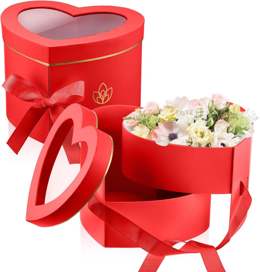 Nuanchu 2 Pcs Mother's Day Heart Shaped Flower Box with Transparent Window Paper Floral Boxes with Lids Ribbons Double Layers Rotating Gift Box for Arrangements, 9.1 x 7.9 x 6.5 Inch(Red)