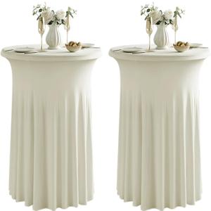 Qubjus 2 Pack Round Cocktail Tablecloths with Skirt Stretch Spandex Table Cover 24"x43" Cocktail Round Tablecloth for Party Wedding Birthday Banquet, Beige