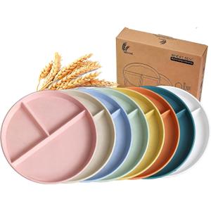 9-Inch Large Multicolor Wheat Straw Divided Plates  Unbreakable 3-Compartment Plates for Portion Control & Healthy Eating Microwave & Dishwasher Safe  Eco-Friendly & Reusable (8)