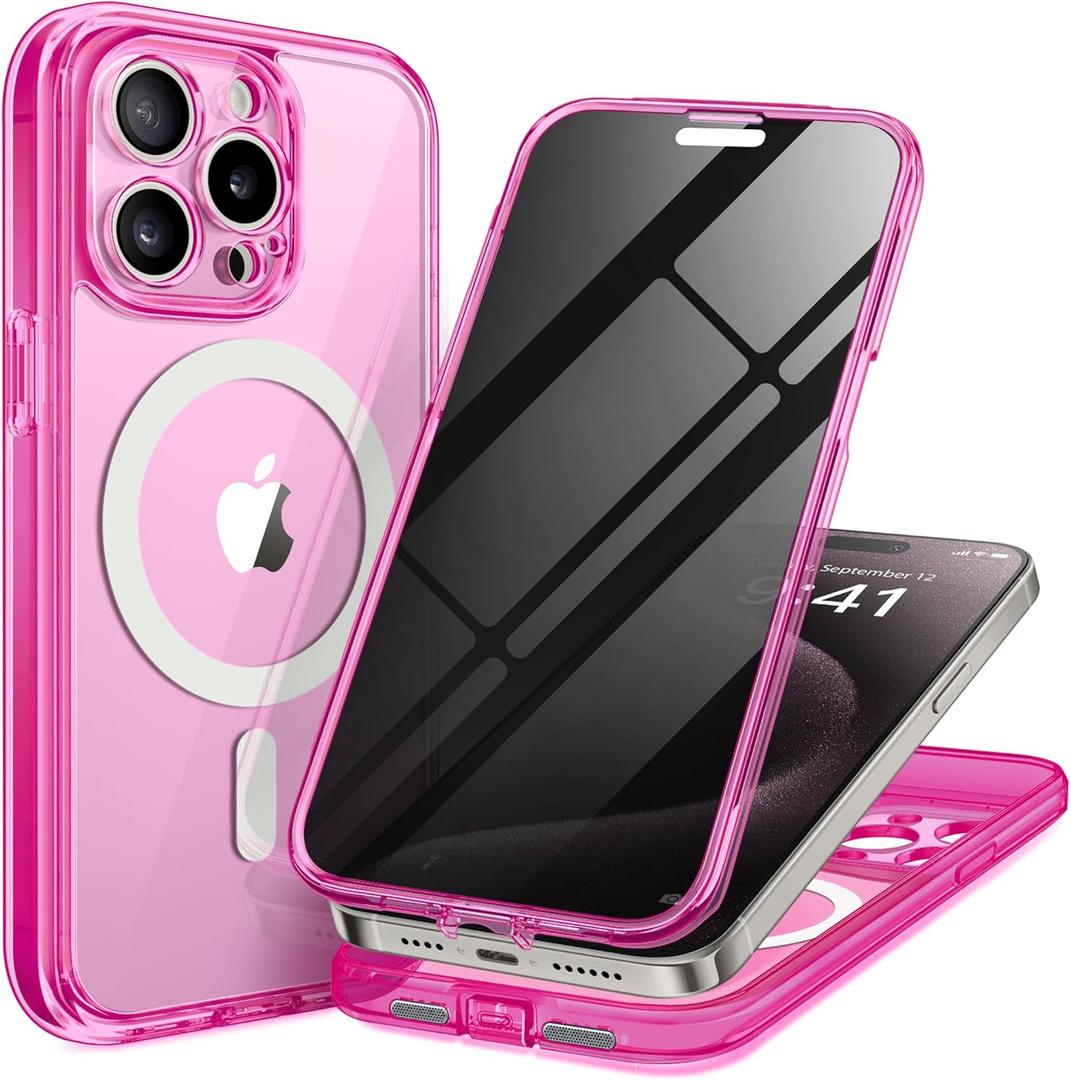 for iPhone 15 Pro Case, Compatible with MagSafe, Built-in Privacy Screen Protector and Camera Protection, Anti Spy Full Body Dustproof Shockproof Hard Phone Case 6.1", Bright Pink