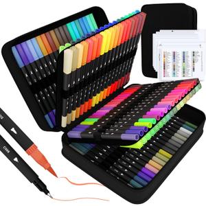 sunacme Art Supplier Dual Brush Markers Pens, 110 Artist Coloring Marker Set, Fineliner & Brush Tip Pen with Premium Case for Adults Coloring Books & Journal, Drawing, Doodlin (Multicolor)