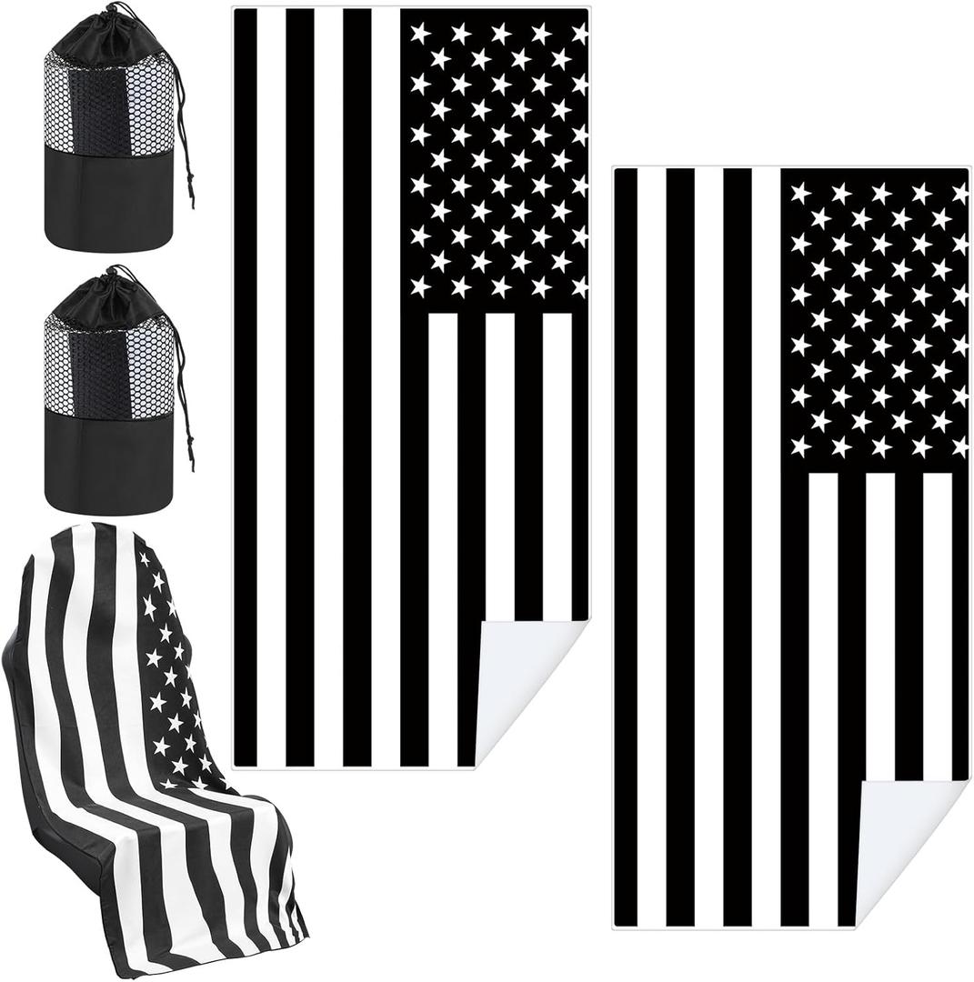 Hahafelt 2 Pack Car Seat Towel Covers with Storage Bag, 63 x 32 Inch Universal Non Slip Waterproof Sweat Protector for Car Truck, Gym Swimming Running, Machine Washable (Black White American Flag)