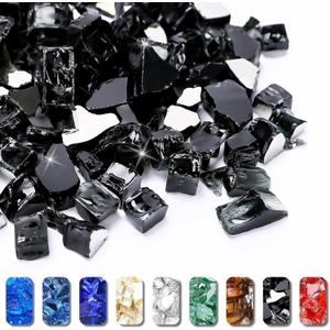 GRISUN Onyx Black Fire Glass for Fire Pit, 1/2 Inch High Luster Reflective Tempered Glass Rocks for Natural or Propane Fireplace, Safe for Outdoors and Indoors Firepit Glass, 10 Pounds
