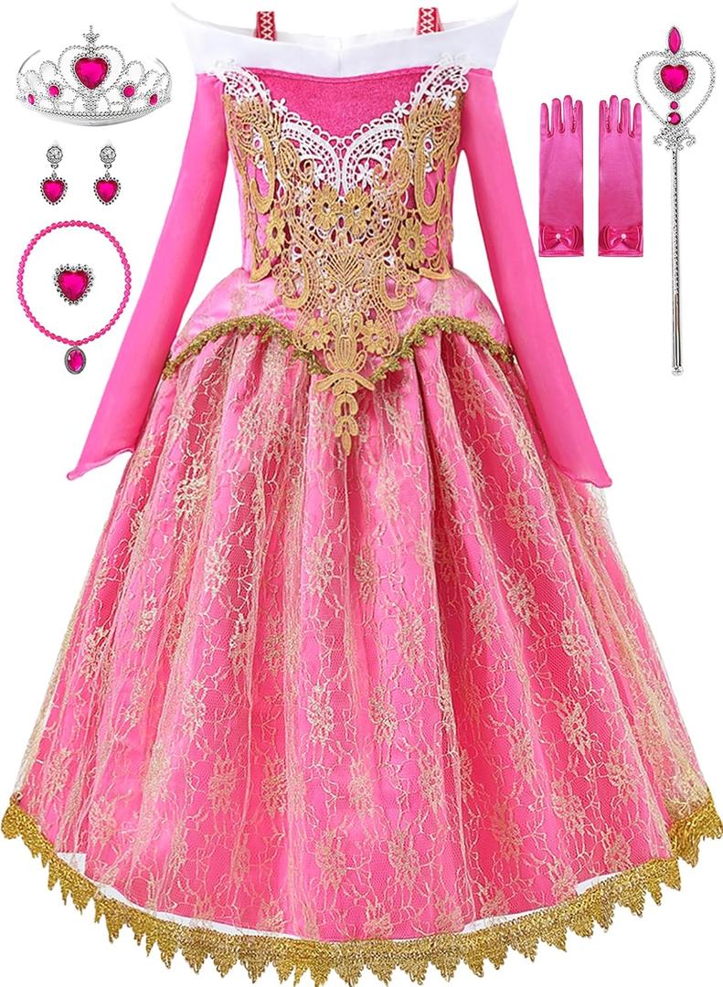 Aoiviss Girls Princess Costume Dresses Pink Princess Dress Up Clothes with Accessories for Halloween Cosplay Carnival Party