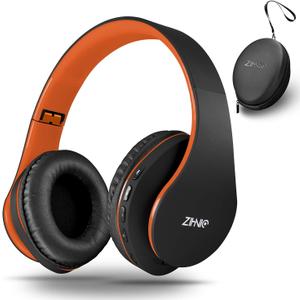 ZIHNIC Bluetooth Headphones Over-Ear, Foldable Wireless and Wired Stereo Headset Micro SD/TF, FM for Cell Phone, PC, Soft Earmuffs &Light Weight for Prolonged Wearing(Black/Orange)