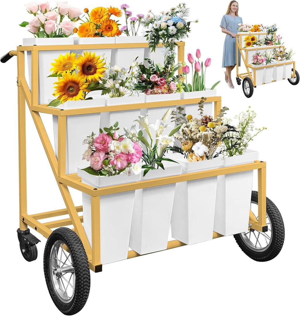 PROLEE Flower Stand with 12 Buckets, Flower Display Stand with Wheels, Moving Florist Bouquet Shelf for Wedding and Party, Gold