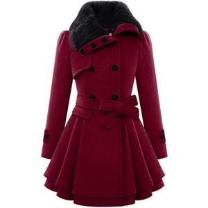 Zeagoo Women's Fashion Faux Fur Lapel Double-Breasted Thick Wool Trench Coat Winter Warm Jacket S-2XL (New_wine Red)