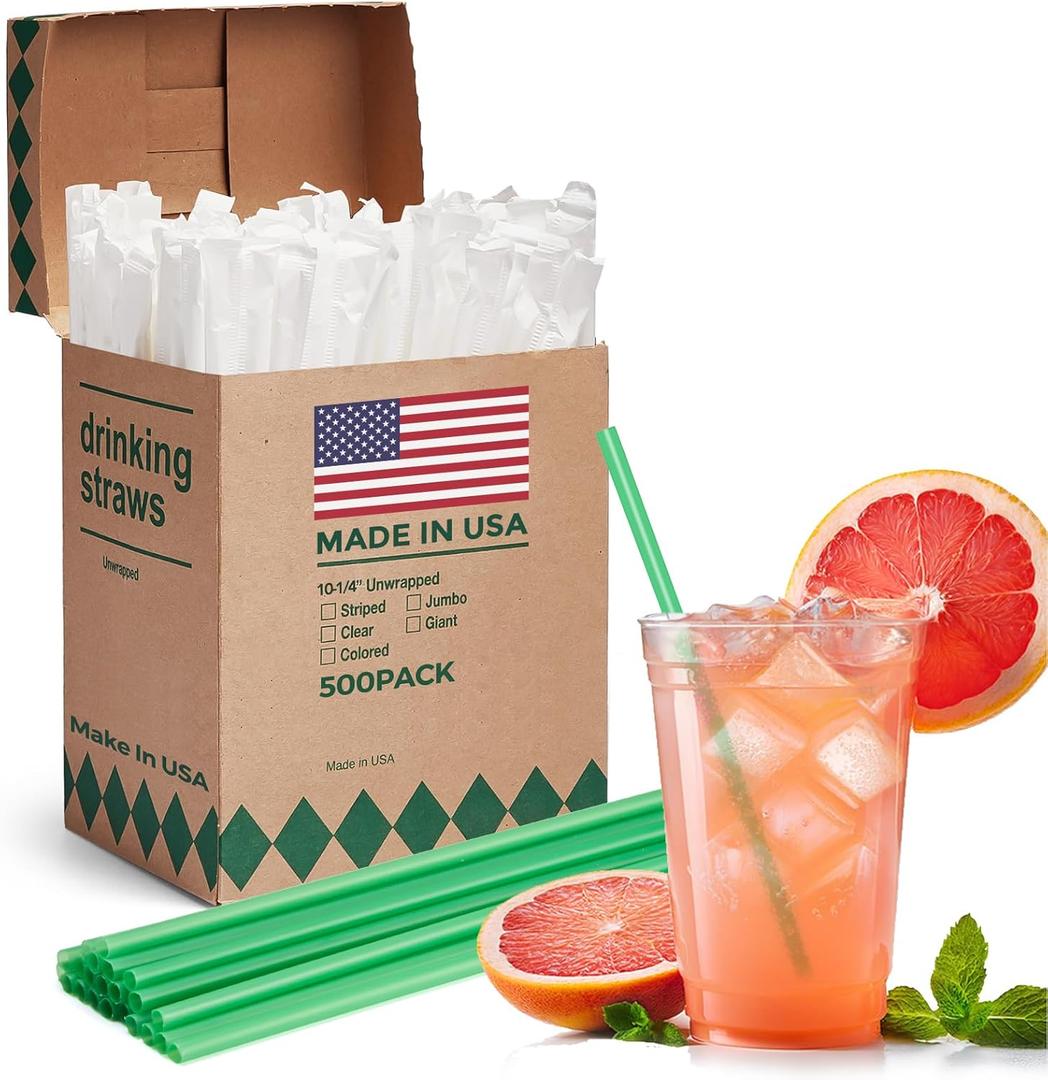 Glotoch Express 500 PCS Individually Wrapped Green Plastic Straws, 10.25'' Long, 0.24'' Diameter Disposable Drinking Straws for Every Occasion, Party, Made in USA