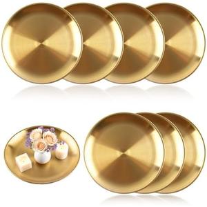 6Pcs Gold Round Tray - Decorative Serving Bar Dish Key Bowl Mirror Dresser Vanity Tray for Jewelry Makeup Organizer, Bathroom, Candle, Perfume, Countertop (9 Inch)