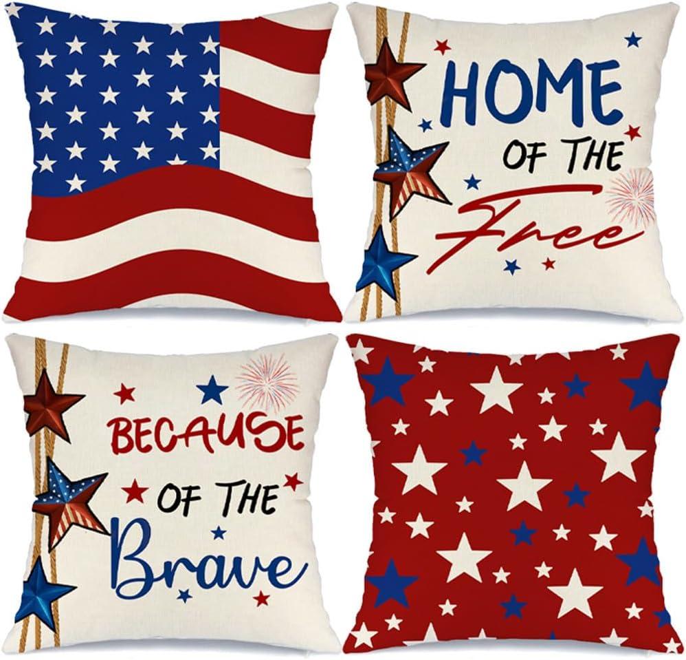 4th of July Pillow Covers 18x18 Set of 4 America Flag Stars Independence Day Decorations Home of The Free Memorial Day Patriotic Throw Cushion Case for Home Sofa Couch