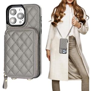 Bocasal Crossbody Wallet Case for iPhone 14 Pro Max, RFID Blocking PU Leather Zipper Handbag Purse Flip Cover, Kickstand Folio Case with Card Slots Holder Wrist Strap Lanyard 5G 6.7 Inch (Grey)
