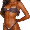 Women Halter String Bikini Set Floral Print Sexy Thong Cheeky Two Piece Swimsuits Lace Trim Bow Bathing Swimwear (Brown, L)