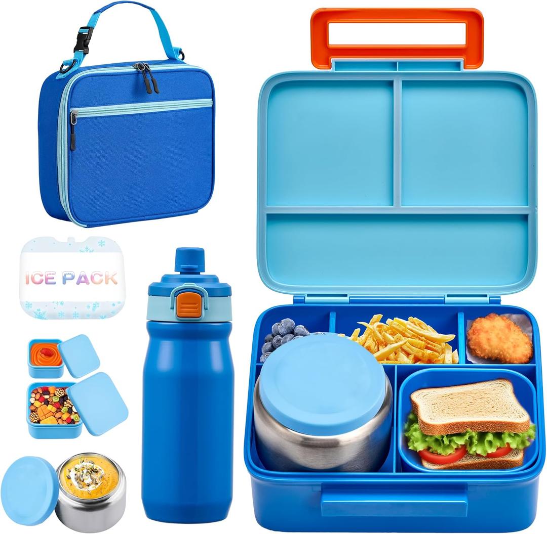 Bento Lunch Box for Kids with 8oz Soup Thermo, Leak-proof Lunch Food Containers with 5 Compartment, Insulated Lunch Bag & 17oz Stainless Steel Water Bottle for School, Travel (Blue)