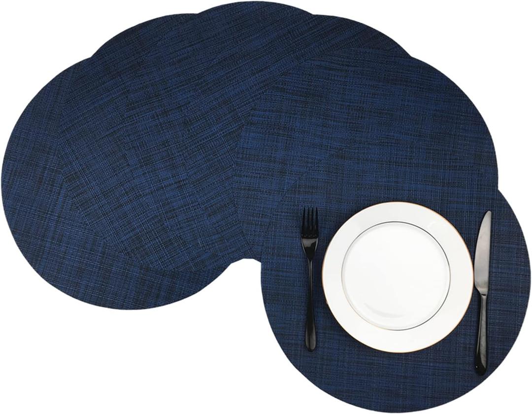 WAZAIGUR Round Placemats Set of 6 Woven Vinyl Easy to Clean Heat Resistant Kitchen Table Mats 15 Inch (Navy Blue 6)